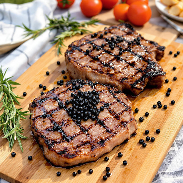 Grilled steaks on a wooden cutting board with black pepper and rosemary, surrounded by tomatoes and bread and garnished with sticky balsamic pearls