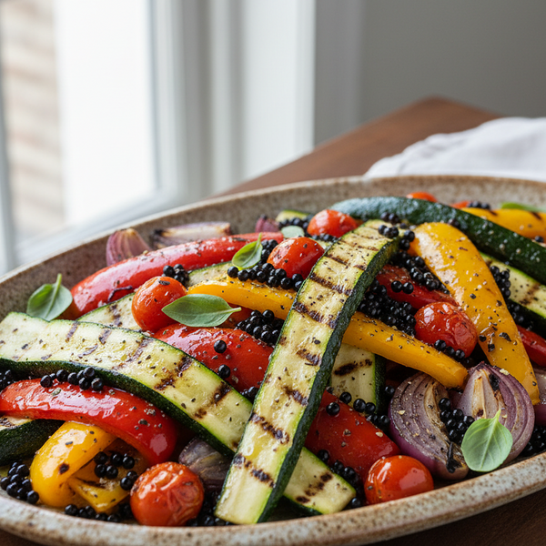 A colorful platter of grilled vegetables topped with Sticky Balsamic Pearls.