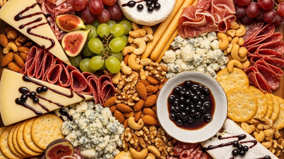 Assorted charcuterie board with meats, cheeses, fruits, and crackers on a wooden board.