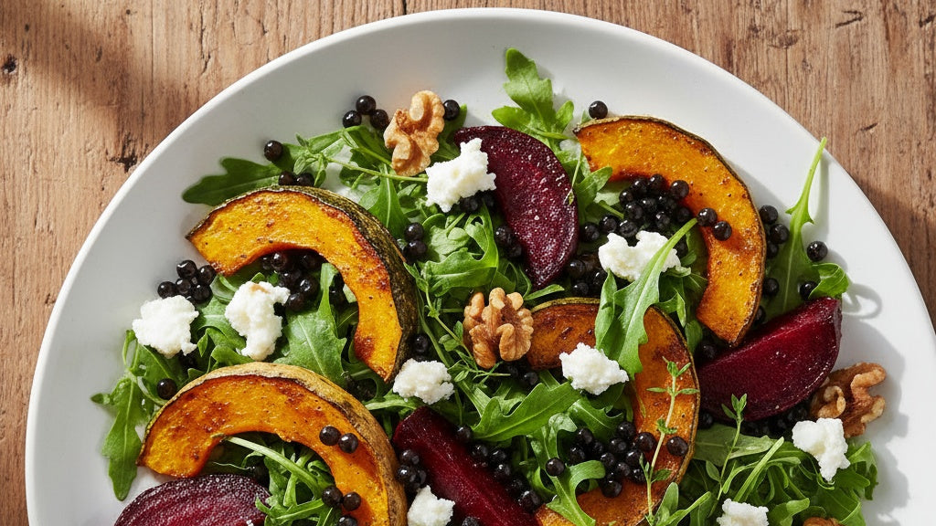  beetroot and goats cheese salad with pumpkin and sticky balsamic pearls on a white plate