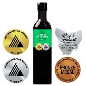 Apple sticky balsamic bottle with medals on label