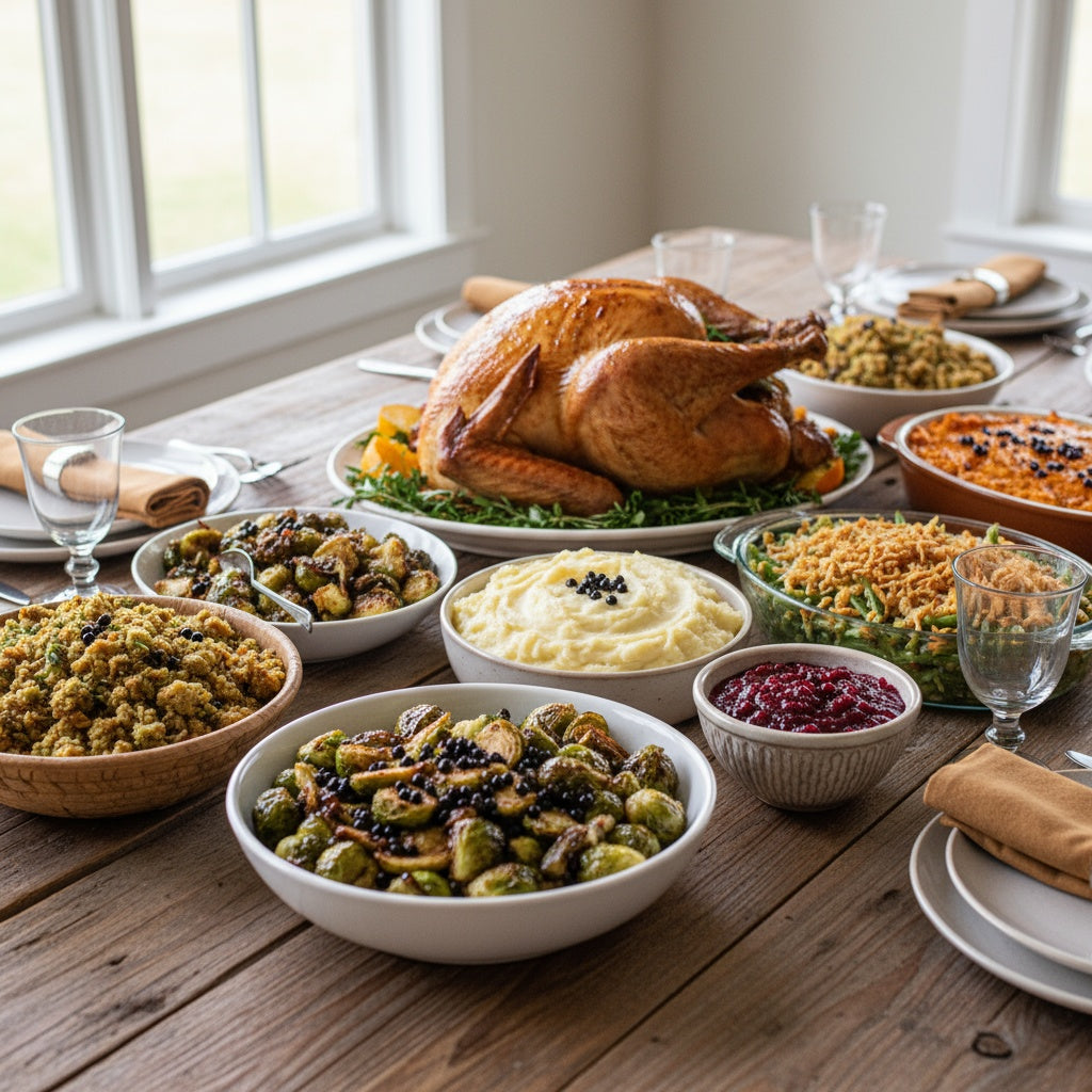 Elegant Thanksgiving dinner table with gourmet dishes garnished with Sticky Balsamic Pearls, featuring roasted turkey, sweet potatoes, and autumn decorations