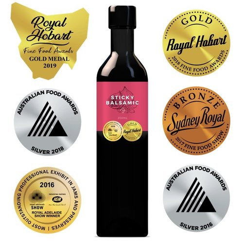 Sticky balsamic bottle centered with multiple Royal Hobart award badges around it.